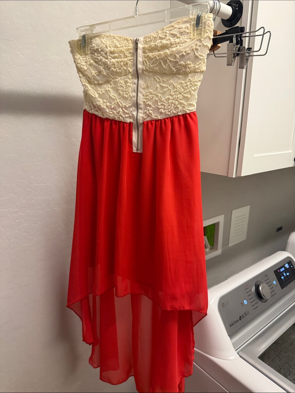Strapless Cream Lace Bodice with Red Hi-Low Chiffon Skirt Dress